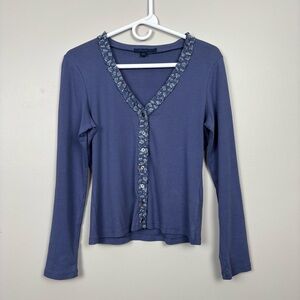 Boden Top 12 Blue Long Sleeve‎ Silk Trim Button Front Cardigan Shirt Dainty